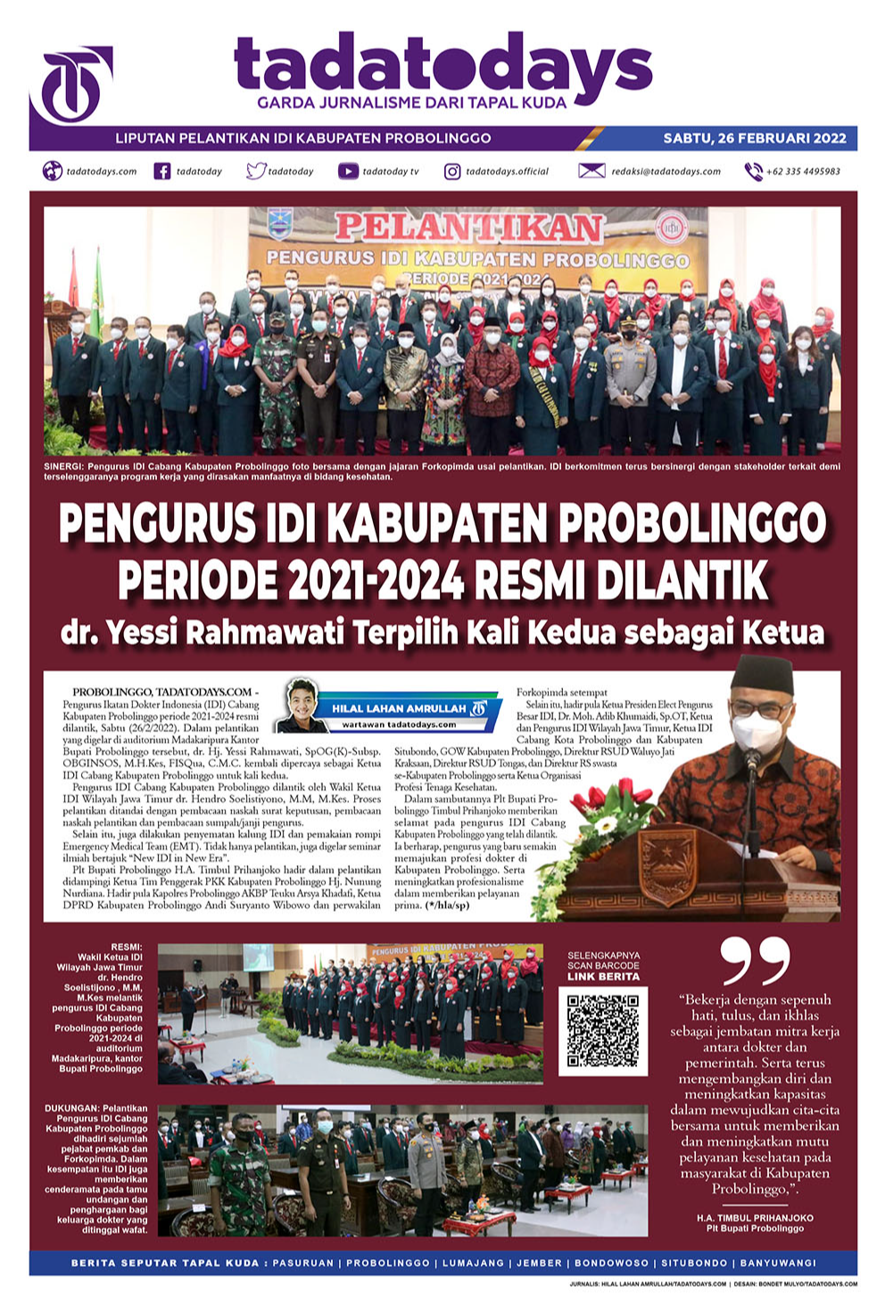 Pengurus IDI Kabupaten Probolinggo Periode 2021-2024 Dilantik, dr. Yessi Rahmawati Terpilih Kali Kedua sebagai Ketua