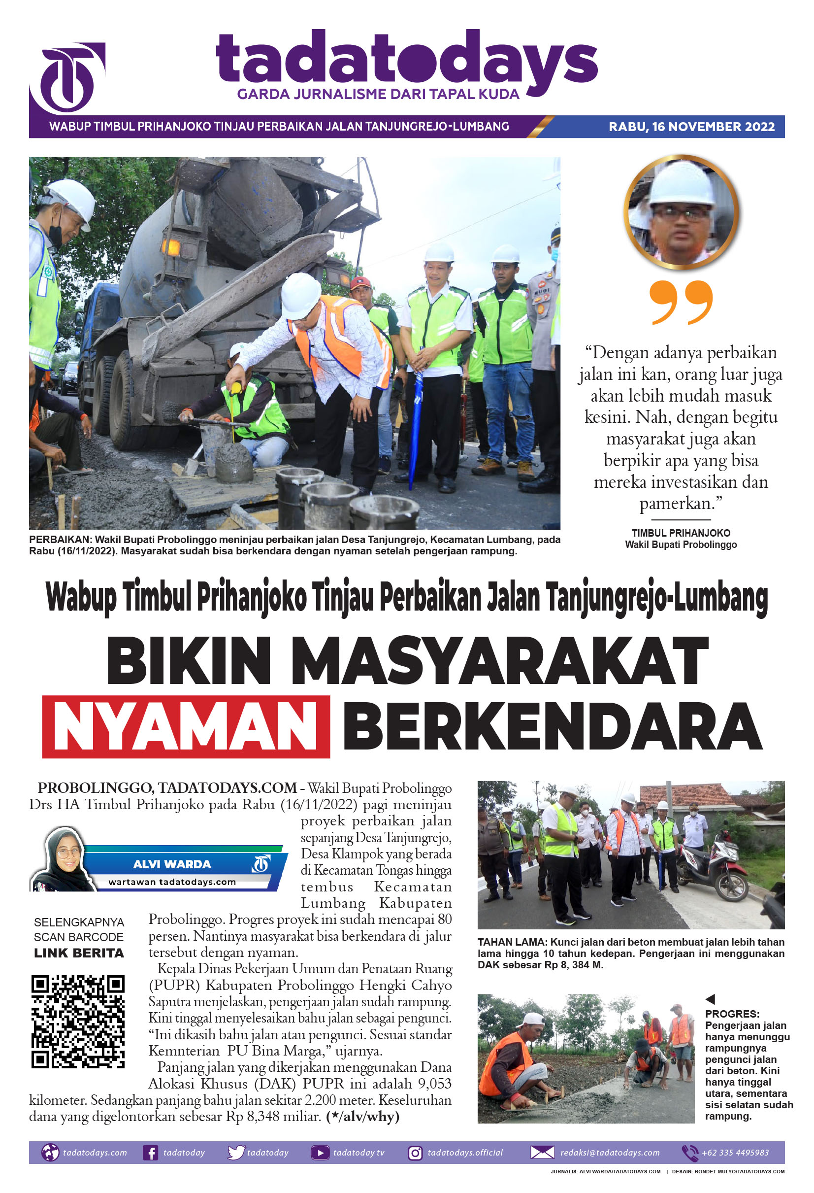 Wabup Timbul Prihanjoko Meninjau Perbaikan Jalan Tanjungrejo-Lumbang
