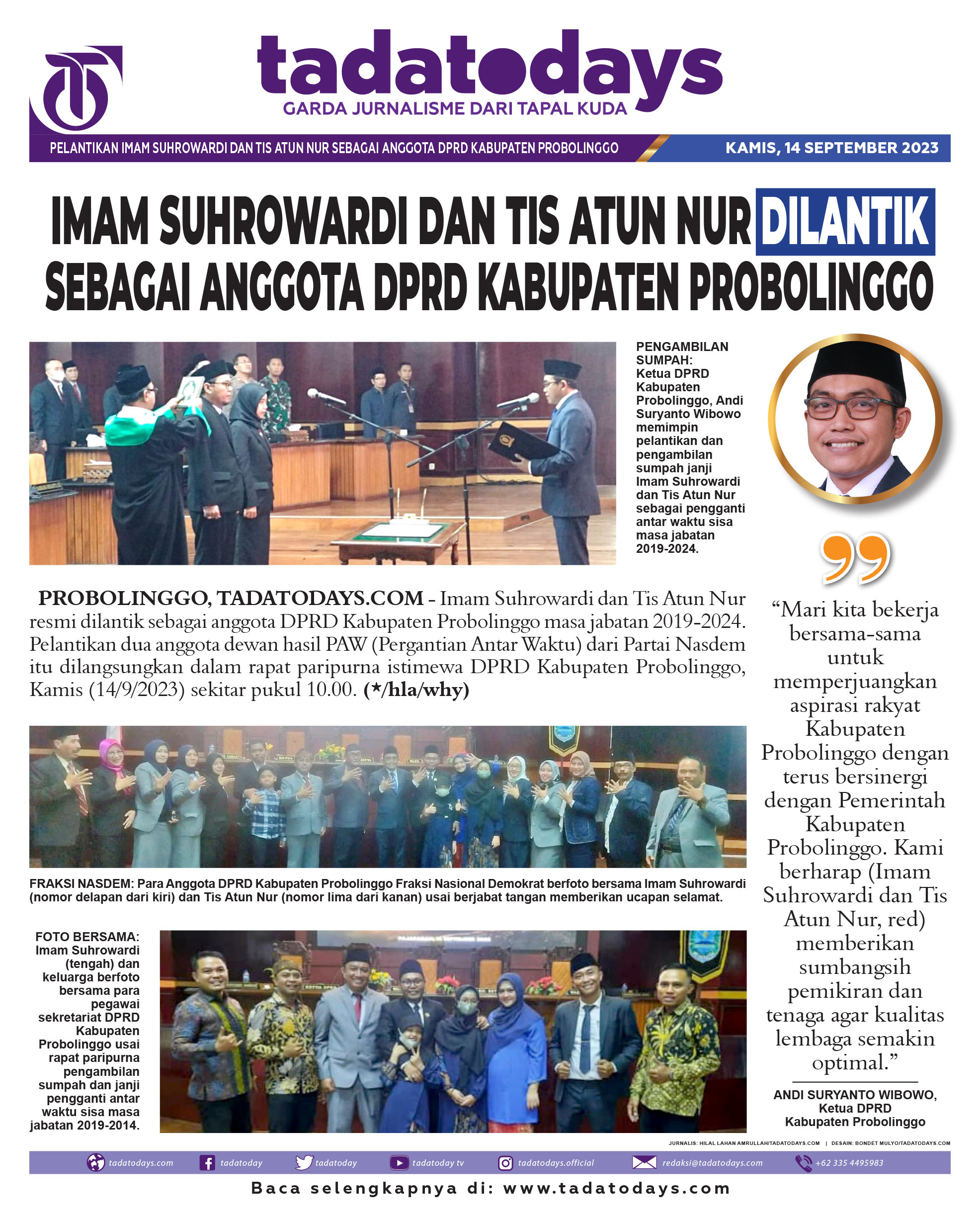 Imam Suhrowardi dan Tis Atun Nur Dilantik menjadi Anggota DPRD Kabupaten Probolinggo