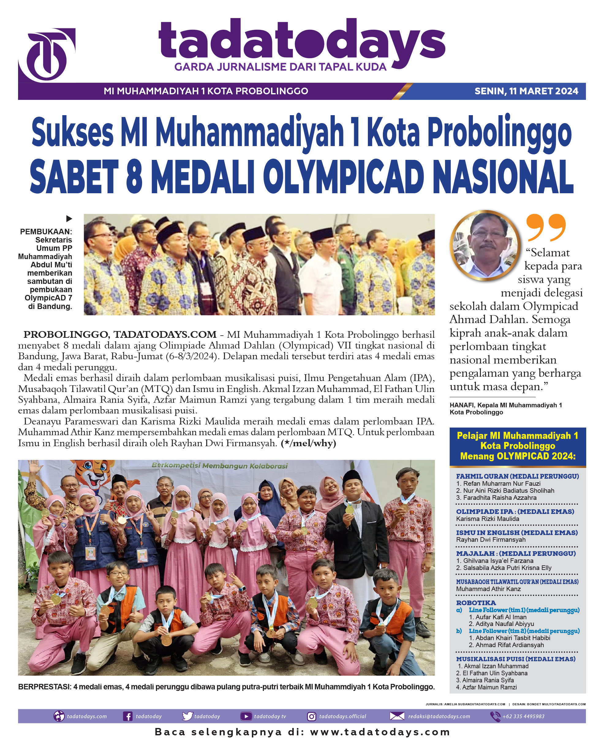 Sukses MI Muhammadiyah 1 Kota Probolinggo Menyabet 8 Medali Olympicad Nasional