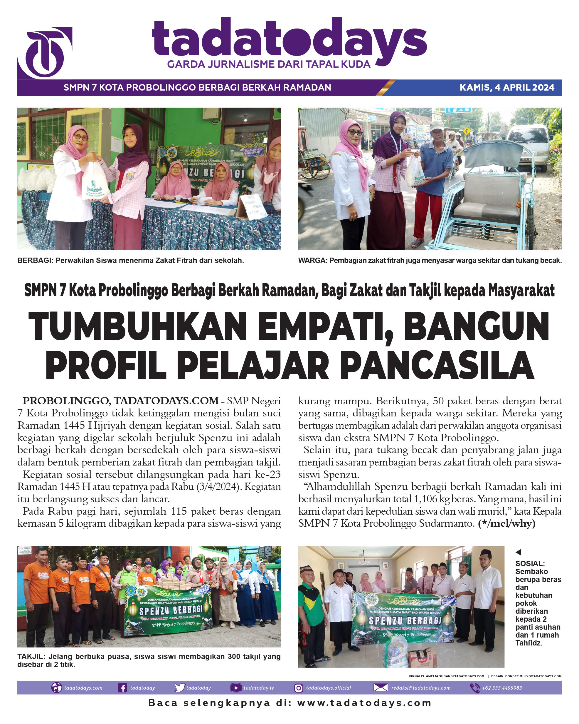 SMPN 7 Kota Probolinggo Berbagi Berkah Ramadan, Bagi Zakat & Takjil kepada Masyarakat