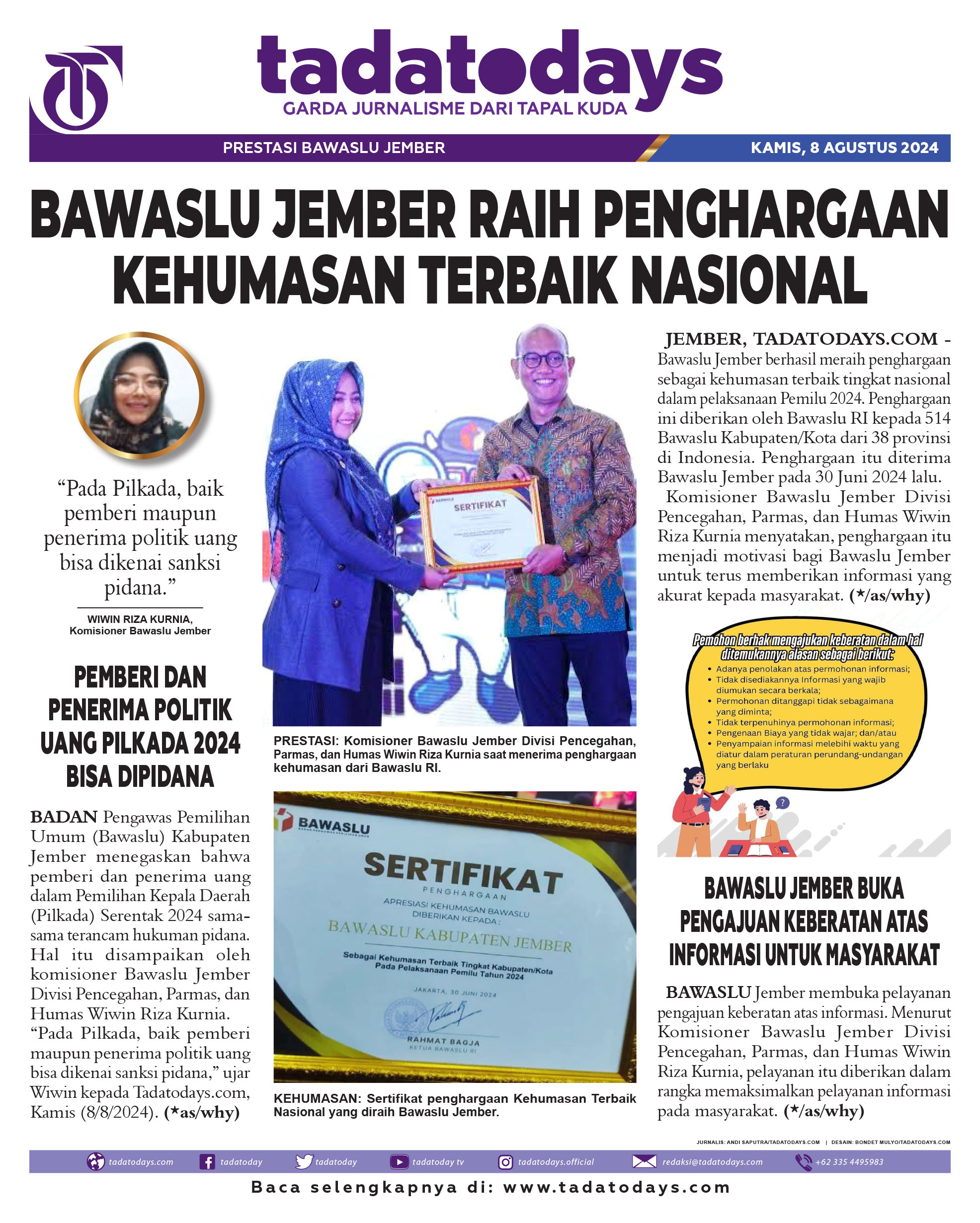 Bawaslu Jember Meraih Penghargaan Kehumasan Terbaik Nasional