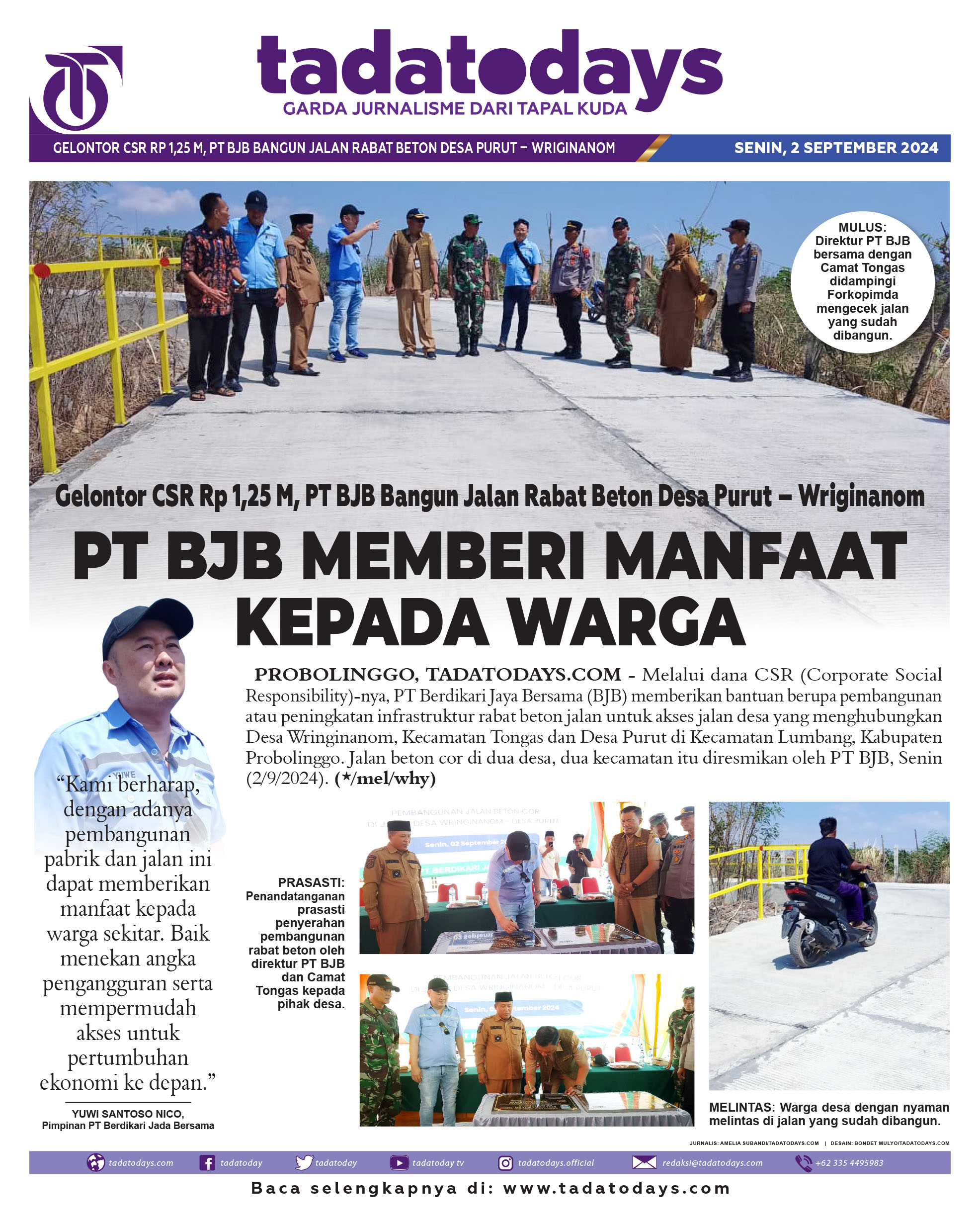 Gelontor CSR Rp 1,25 M, PT BJB Membangun Jalan Rabat Beton Desa Purut – Wriginanom