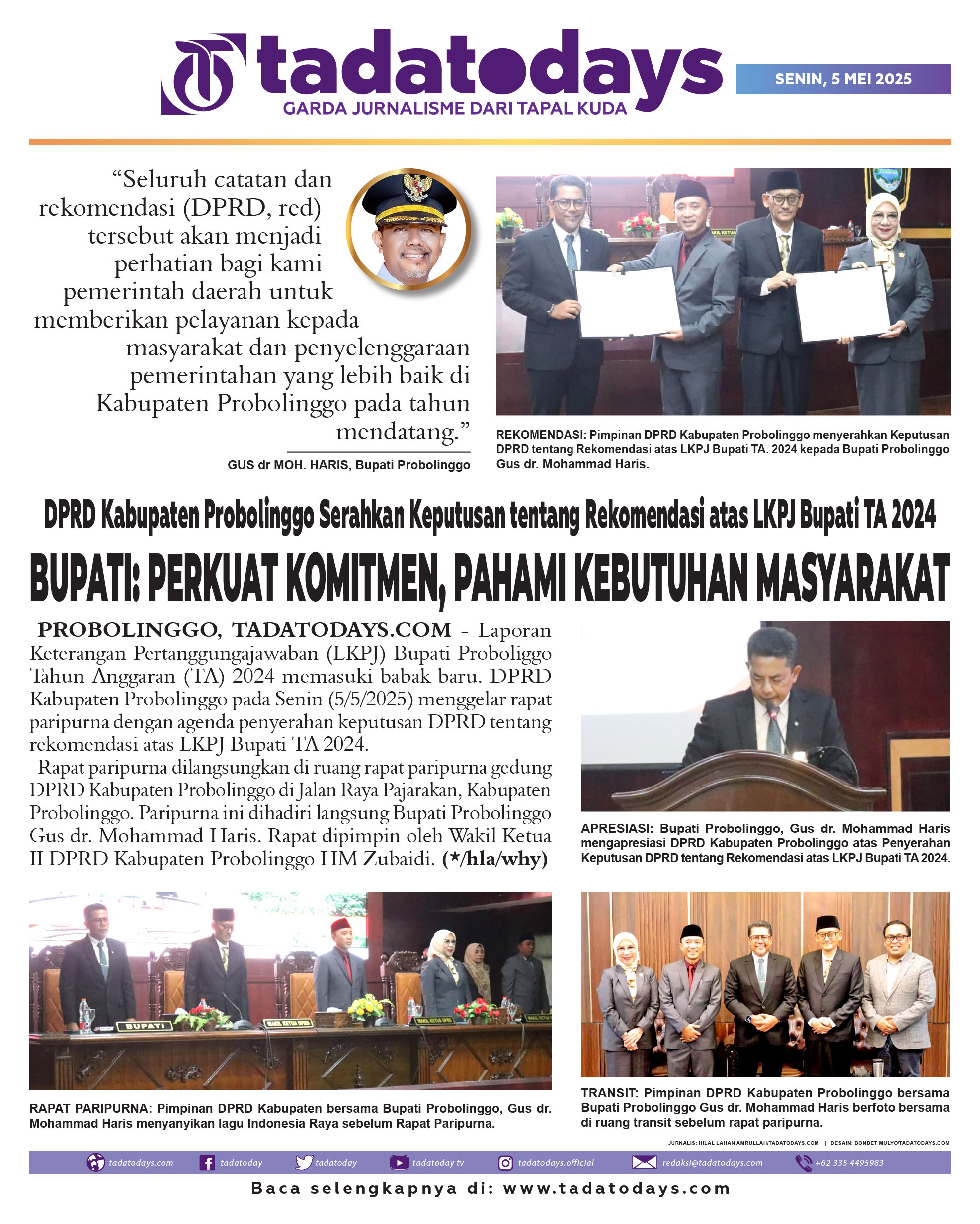 DPRD Kabupaten Probolinggo Menyerahkan Keputusan tentang Rekomendasi atas LKPJ Bupati TA 2024