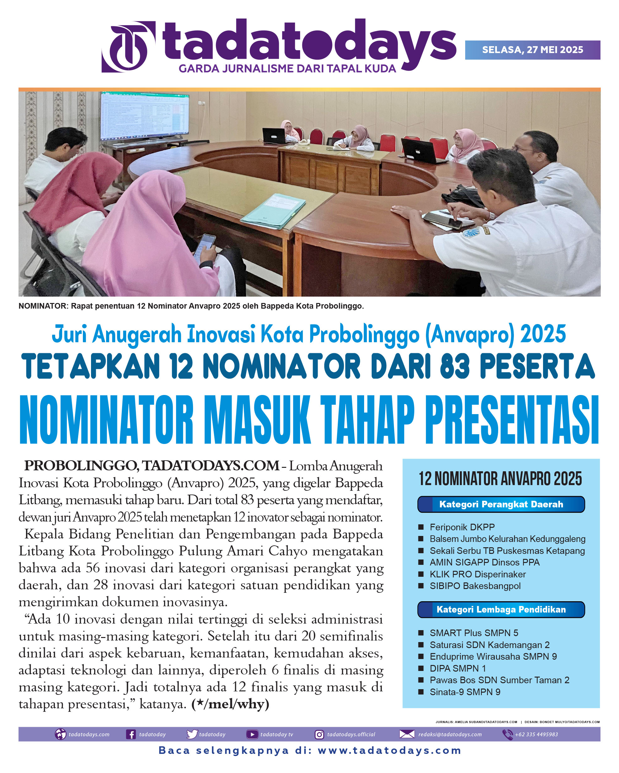 Juri Anugerah Inovasi Kota Probolinggo (Anvapro) 2025 Nenetapkan 12 Nominator dari 83 Peserta