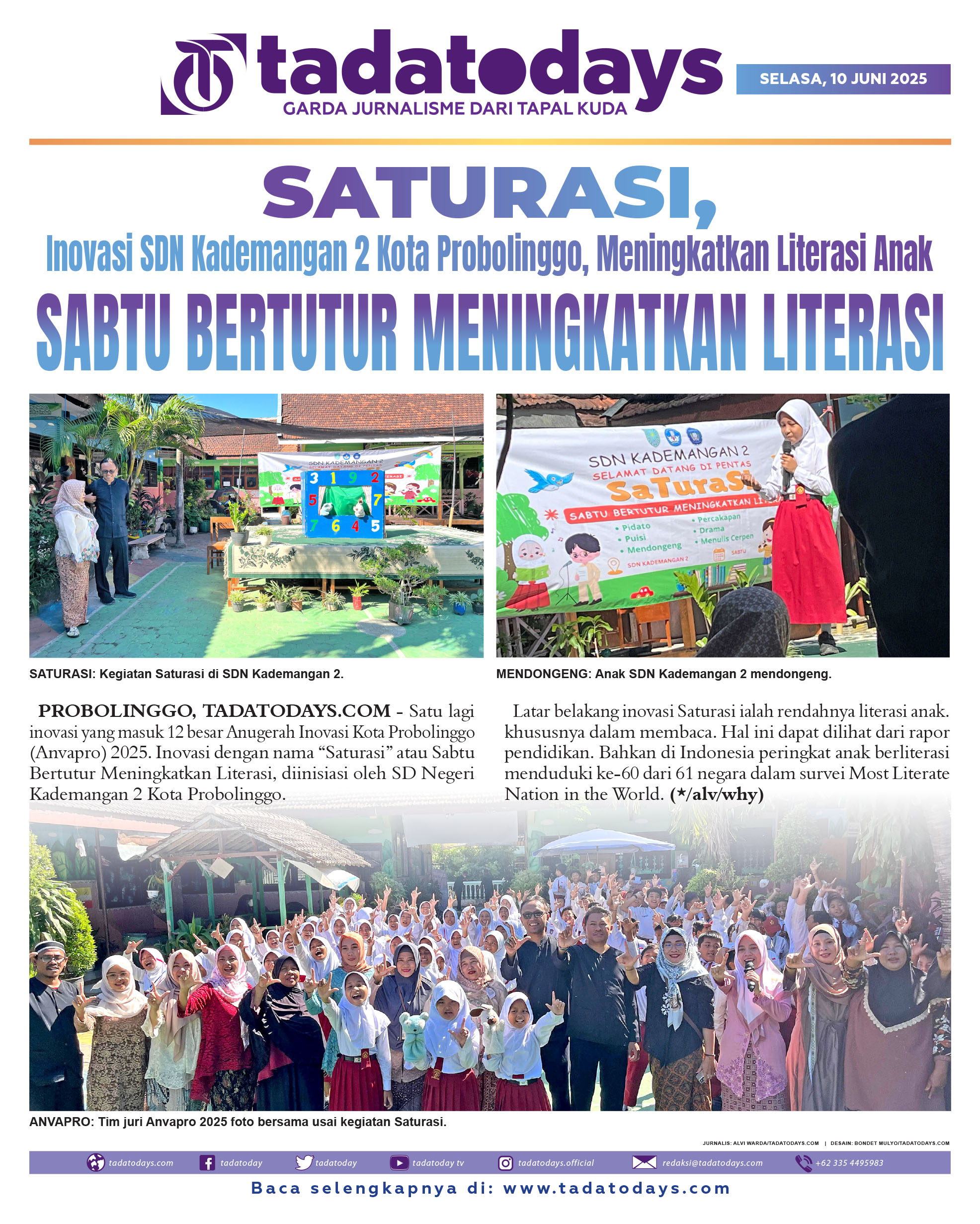 Saturasi, Inovasi SDN Kademangan 2 Kota Probolinggo, Tingkatkan Literasi Anak