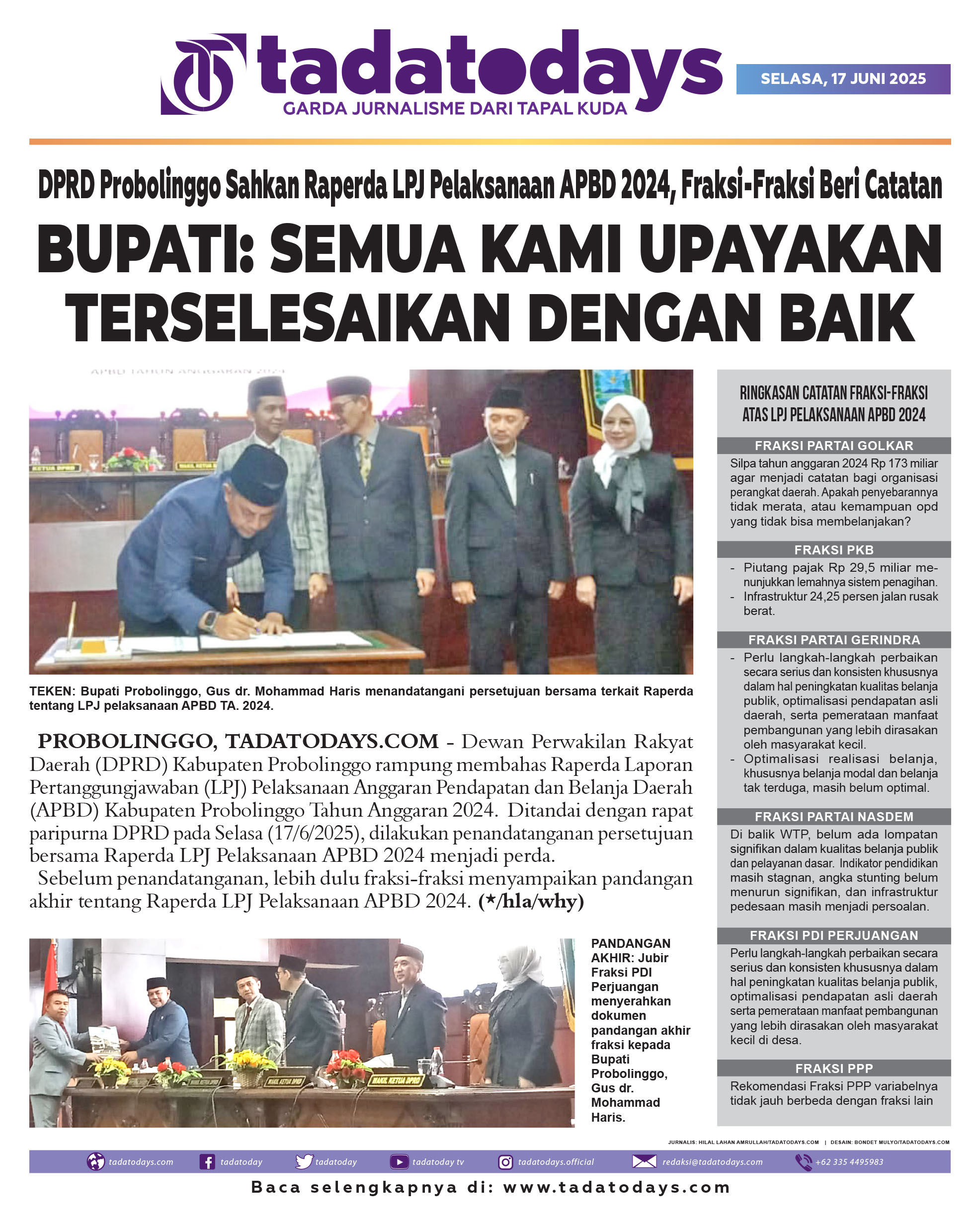 DPRD Probolinggo Sahkan Raperda LPJ Pelaksanaan APBD 2024, Fraksi-Fraksi Memberi Catatan