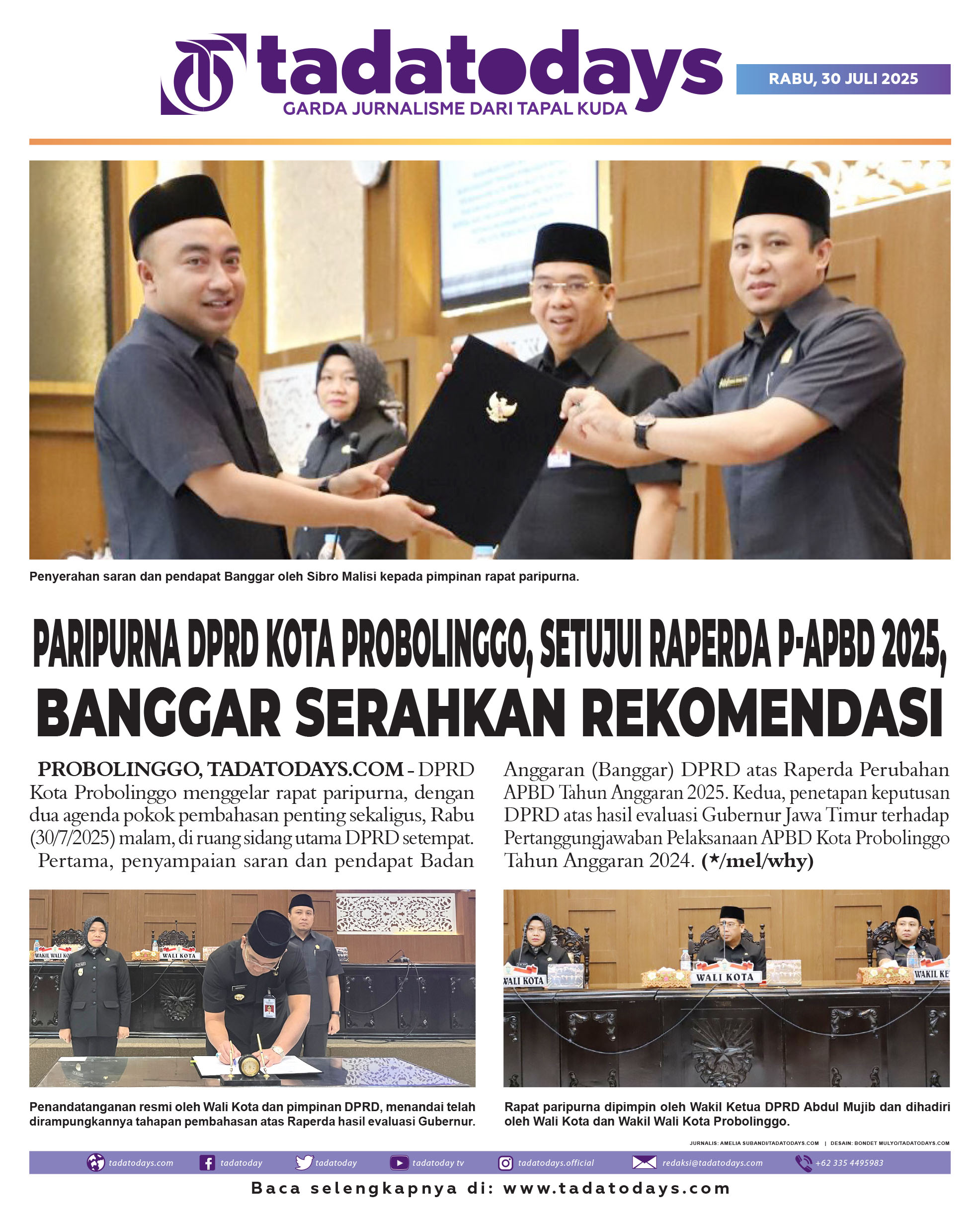 Paripurna DPRD Kota Probolinggo, Menyetujui Raperda P-APBD 2025, Banggar Serahkan Rekomendasi