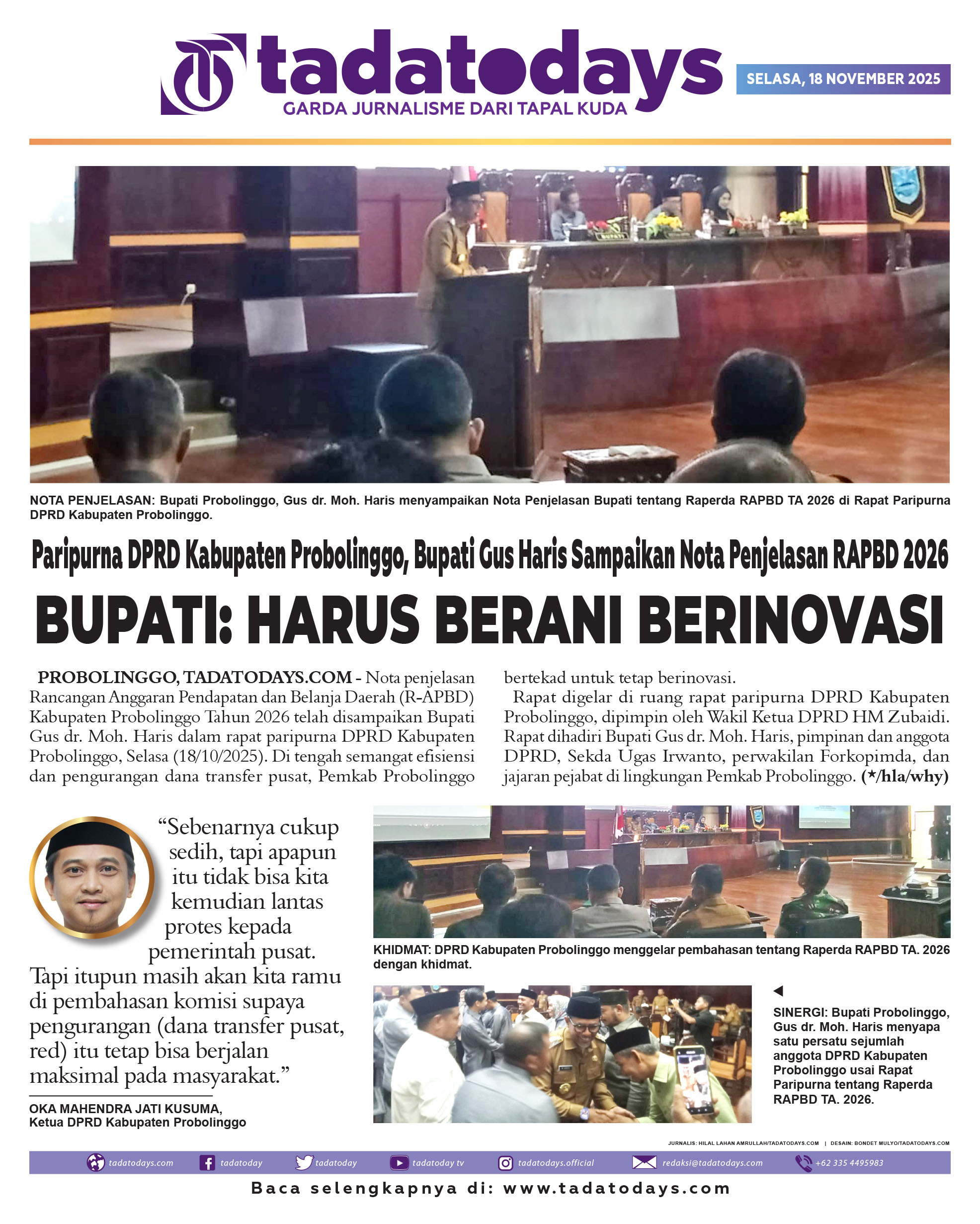 Paripurna DPRD Kabupaten Probolinggo, Bupati Gus Haris Menyampaikan Nota Penjelasan RAPBD 2026