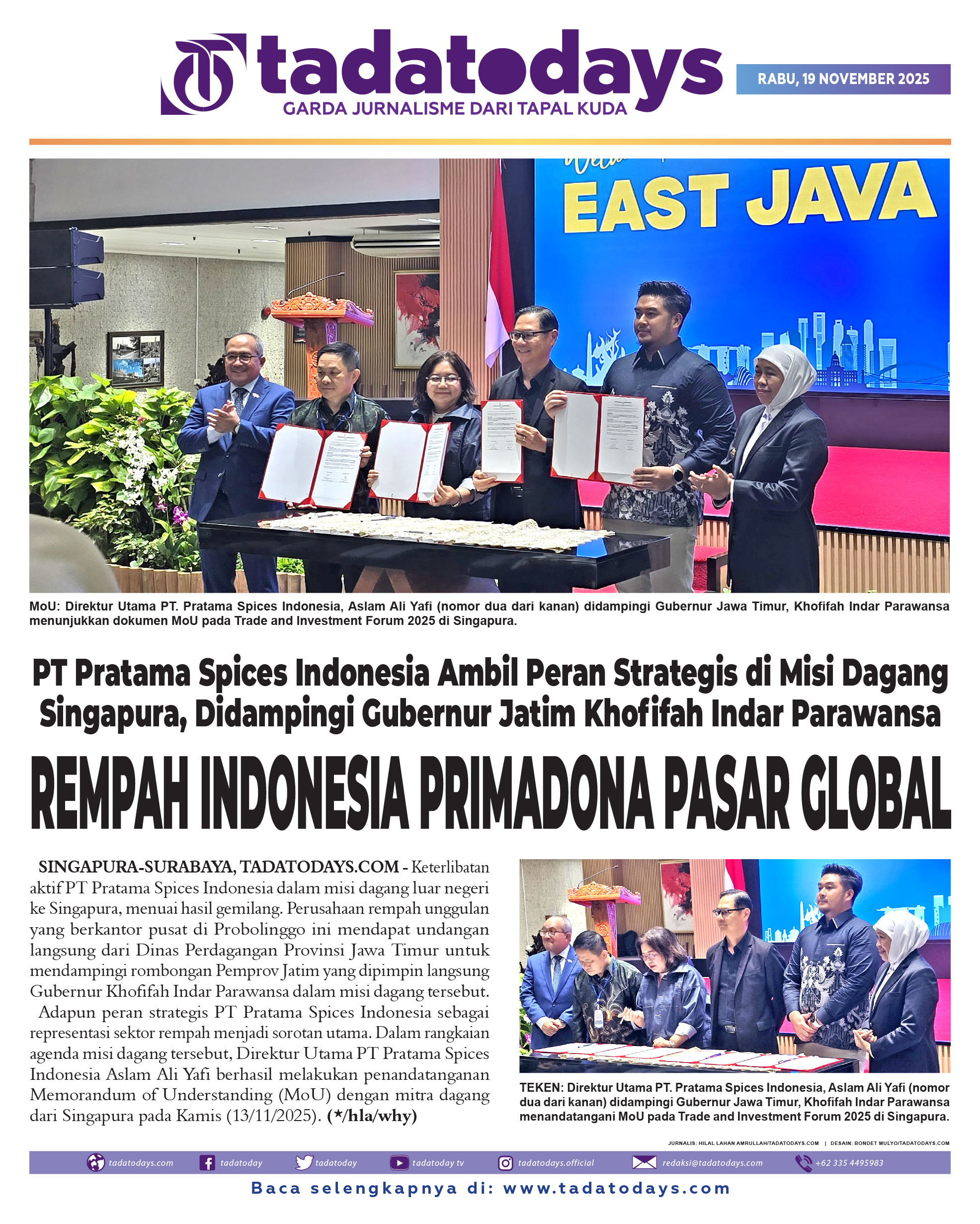 PT Pratama Spices Indonesia Mengambil Peran Strategis di Misi Dagang Singapura, Didampingi Gubernur Jatim Khofifah Indar Parawansa