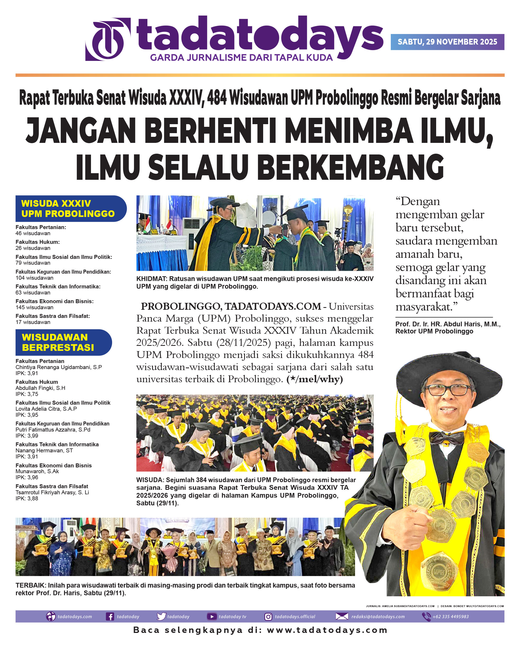 Rapat Terbuka Senat Wisuda ke-XXXIV, 484 Wisudawan UPM Probolinggo Resmi Bergelar Sarjana