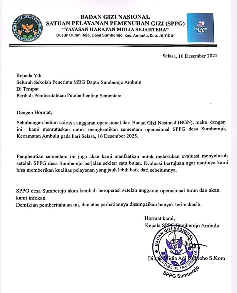 Dana Tak Cair, Dapur MBG Sumberejo Ambulu Hentikan Layanan untuk Ribuan Siswa