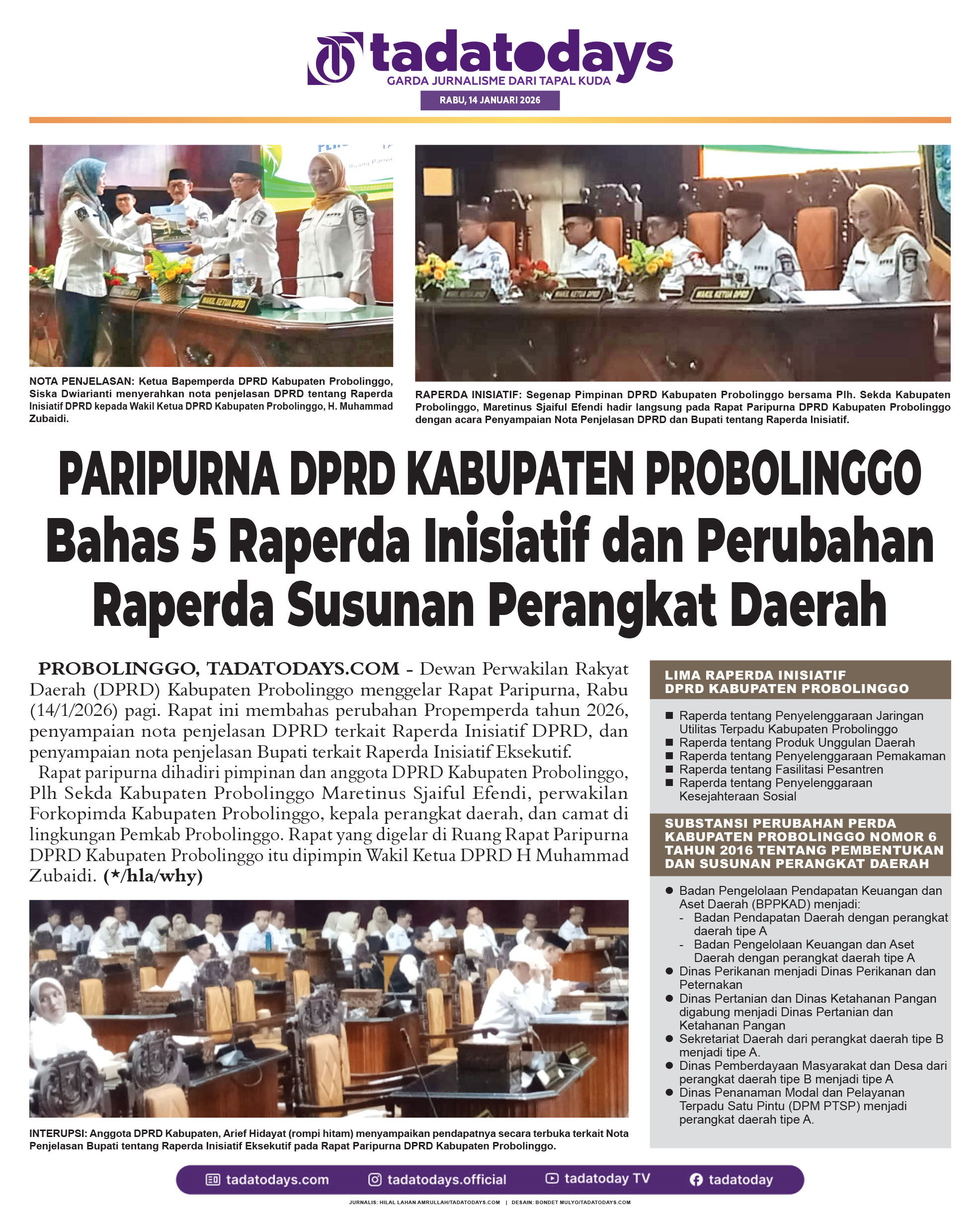 Paripurna DPRD Kabupaten Probolinggo Membahas 5 Raperda Inisiatif dan Perubahan Raperda Susunan Perangkat Daerah