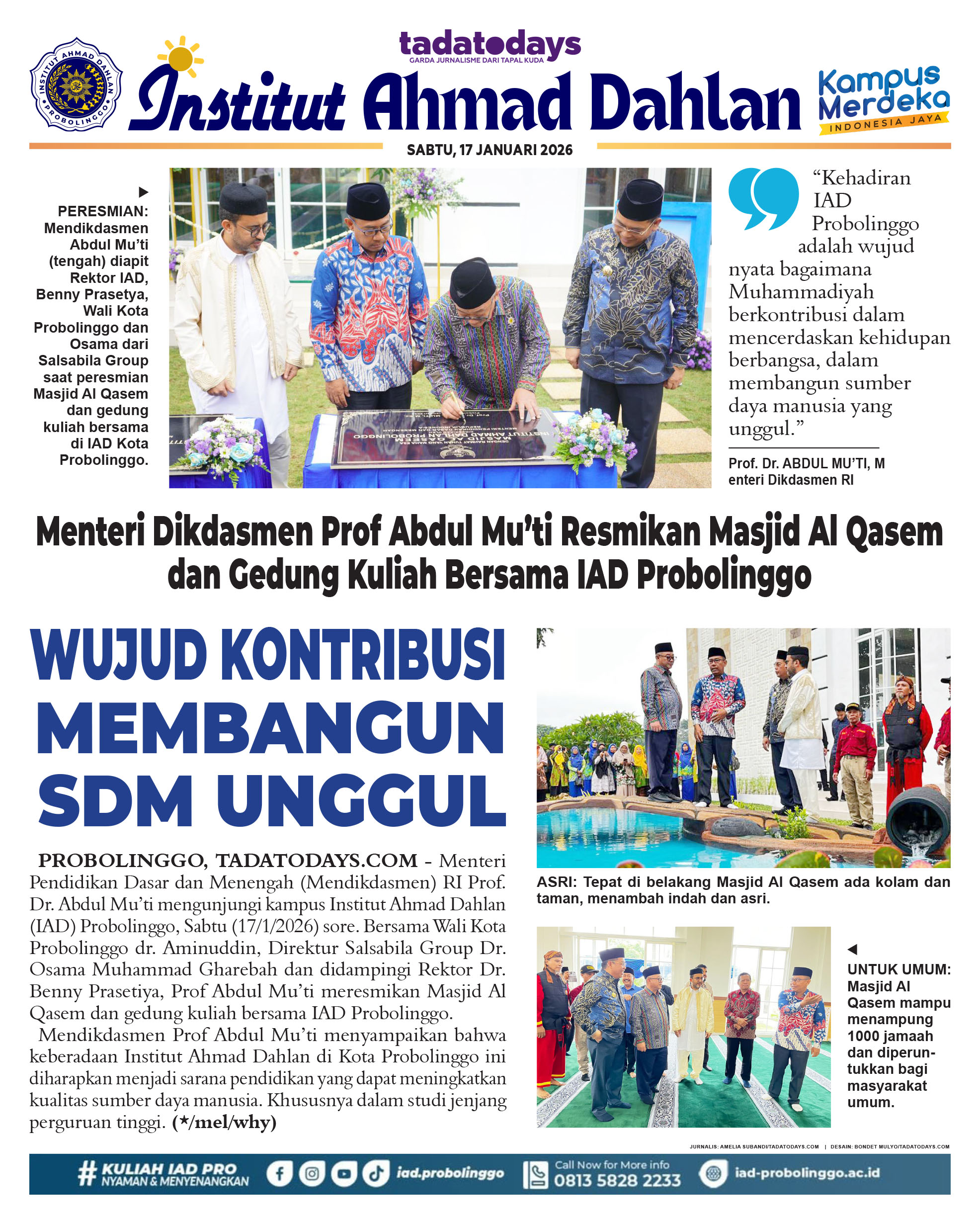 Menteri Dikdasmen Prof Abdul Mu’ti Resmikan Masjid Al Qasem & Gedung Kuliah Bersama IAD Probolinggo