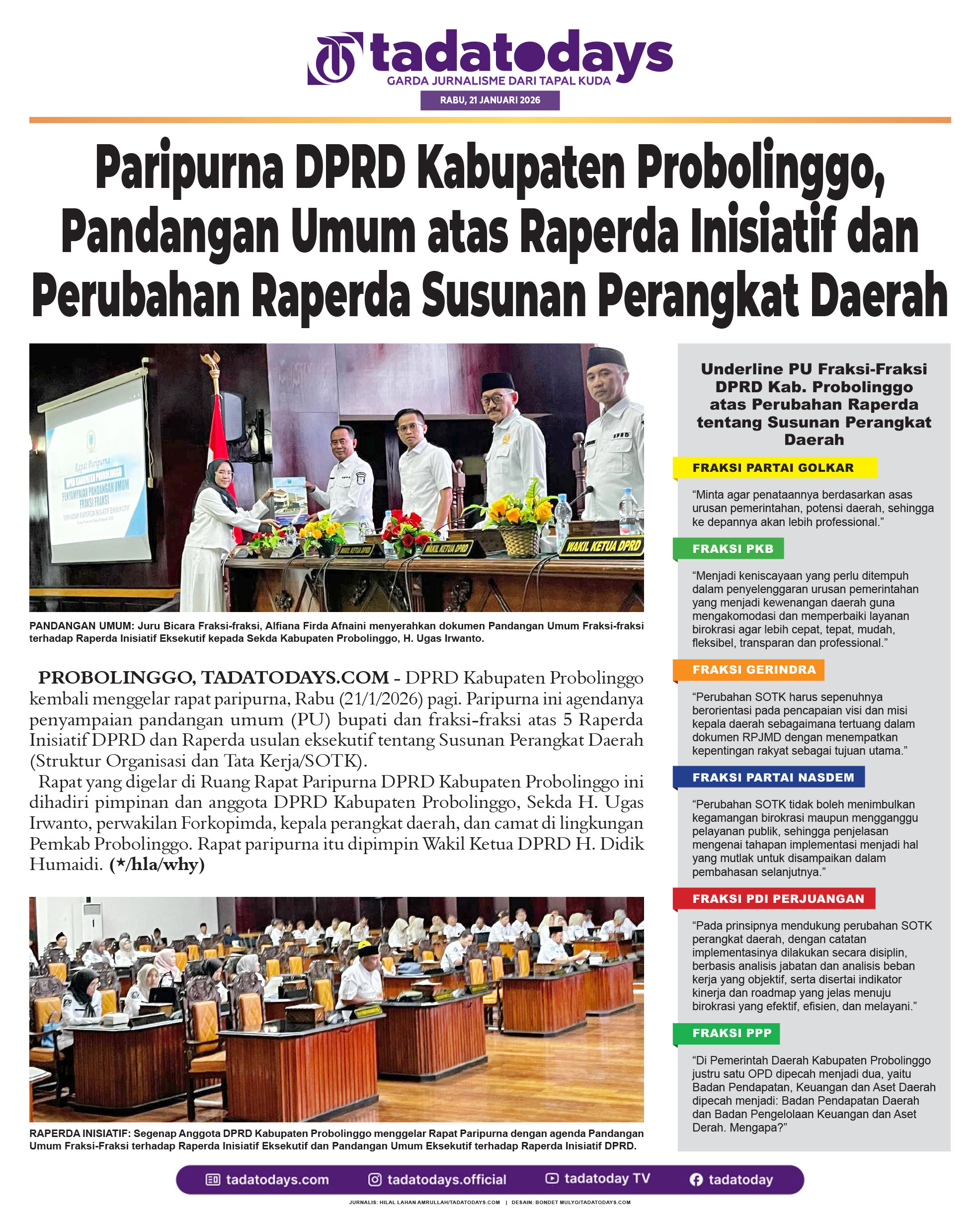Paripurna DPRD Kabupaten Probolinggo, Pandangan Umum atas Raperda Inisiatif & Perubahan Raperda Susunan Perangkat Daerah