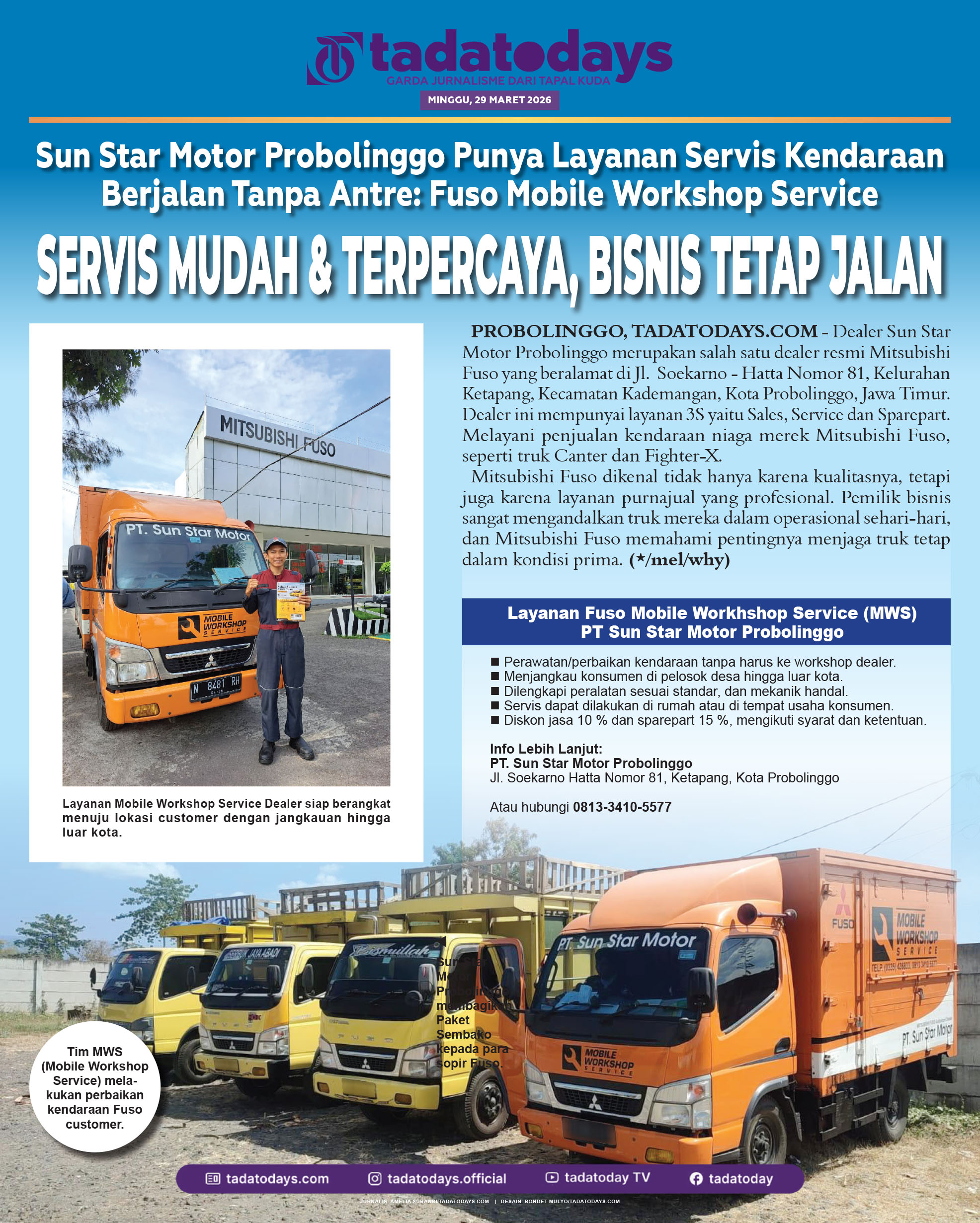 Sun Star Motor Probolinggo Mempunyai Layanan Servis Kendaraan Berjalan Tanpa Antre: Fuso Mobile Workshop Service