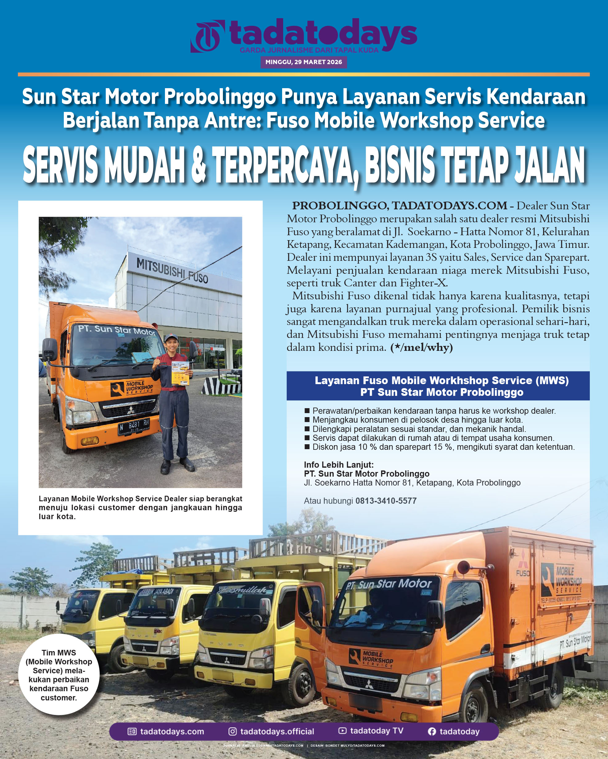 Sun Star Motor Probolinggo Mempunyai Layanan Servis Kendaraan Berjalan Tanpa Antre: Fuso Mobile Workshop Service