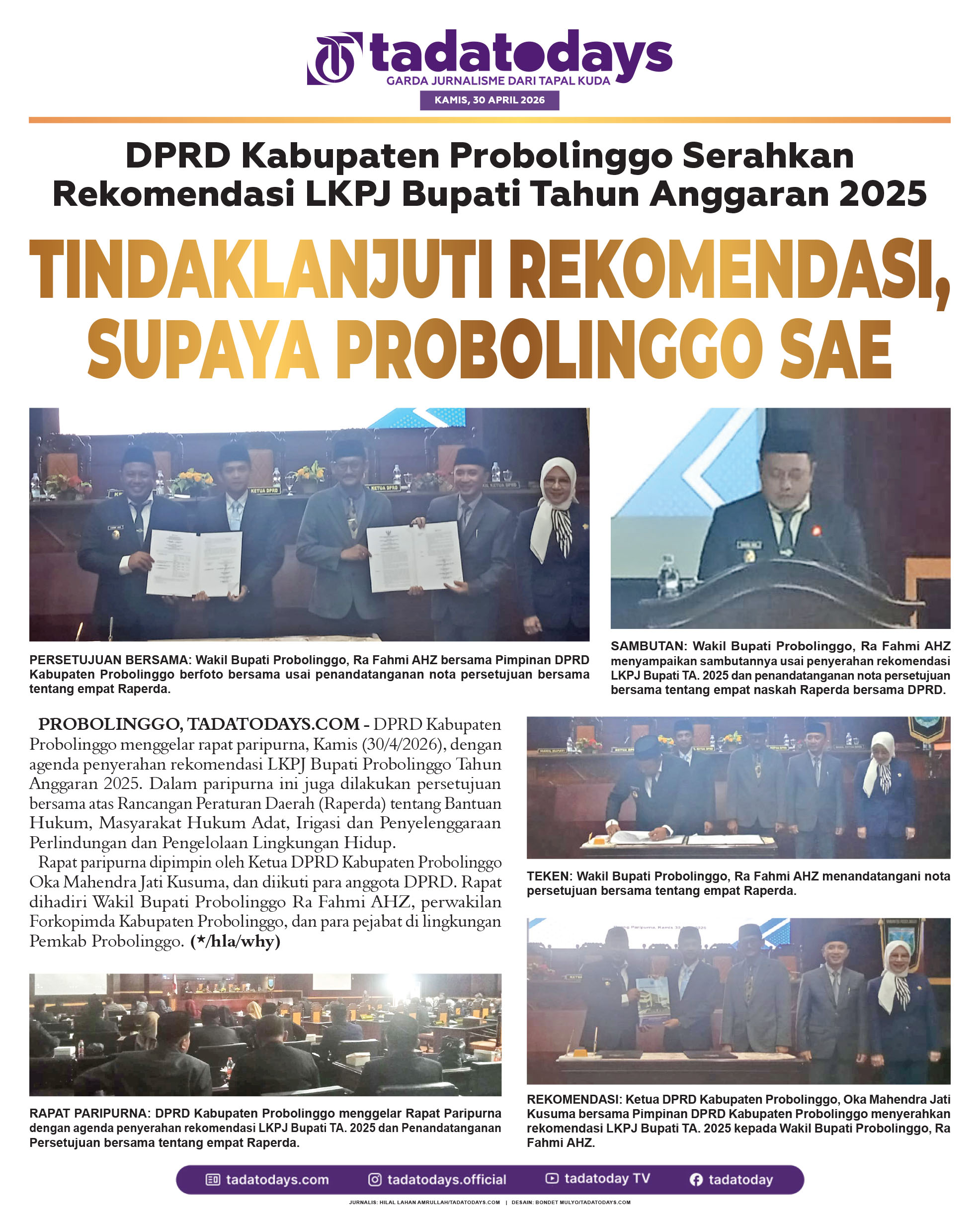 DPRD Kabupaten Probolinggo Menyerahkan Rekomendasi LKPJ Bupati Tahun Anggaran 2025