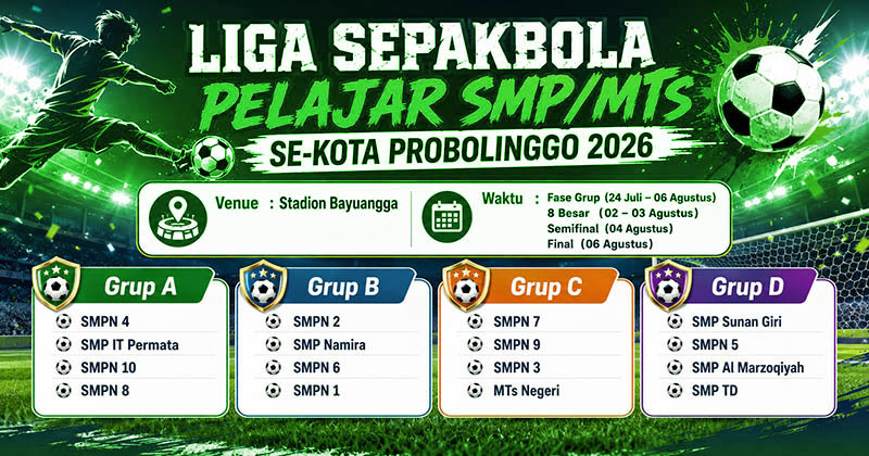 Liga Sepakbola Pelajar SMP/MTs Kota Probolinggo 2026 Digeber, 16 Tim Ikut Serta